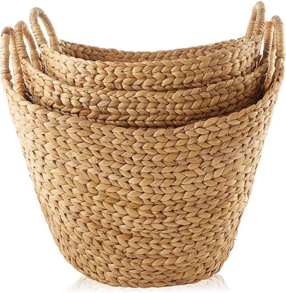 Casafield Set of 3 Multipurpose Boat Baskets with Handles - Natural, Woven Water Hyacinth Storage Organizers for Throw Blankets, Bedroom, Laundry