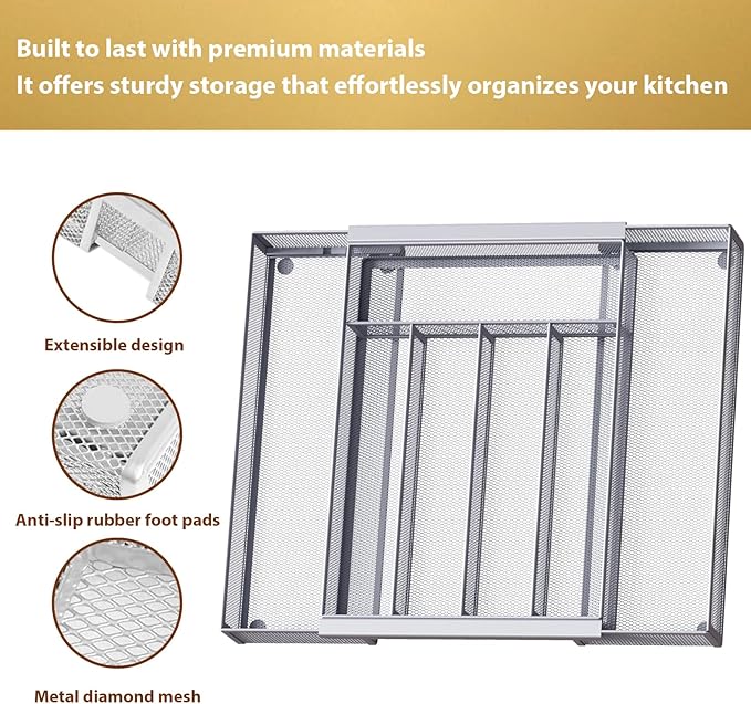 Sedegn Silverware Organizer Metal Mesh, Drawer Organizer, Utensil Cutlery Tray Expandable Flatware Organizer with 7 Compartment Silver 9.6"~16.1" x 13.8"