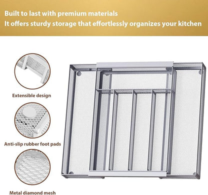 Sedegn Silverware Organizer Metal Mesh, Drawer Organizer, Utensil Cutlery Tray Expandable Flatware Organizer with 7 Compartment Silver 9.6"~16.1" x 13.8"