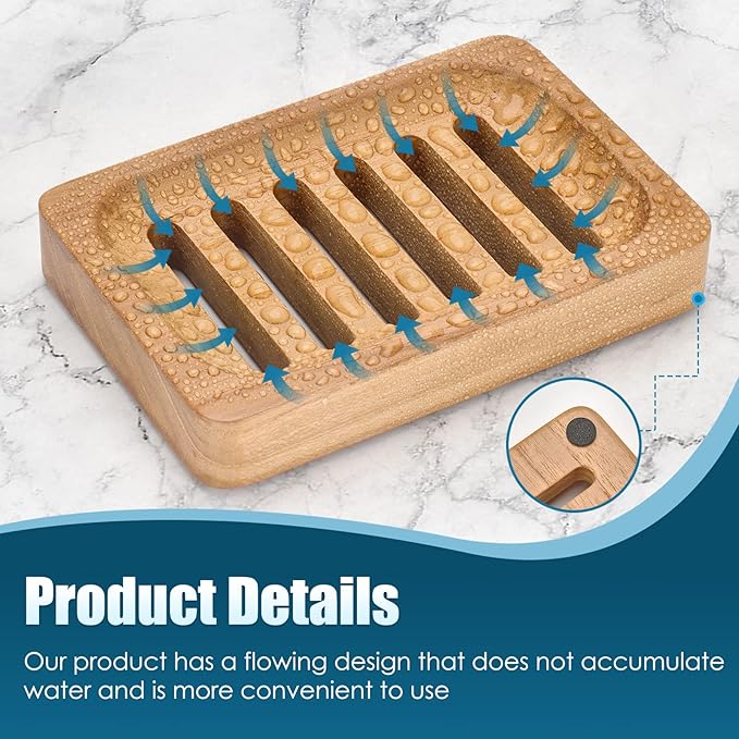 DEBETOOL Teak Wood Soap Dish, 2 Pack Waterproof Self Draining Soap Dish - Natural Wooden Bar Soap Holder for Bathroom and Kitchen
