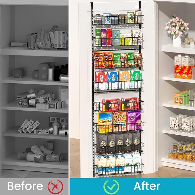 ElegantArray 8-Tier Pantry Door Oragnizer, Over The Door Pantry Organizer Rack and Storage, Hanging Spice Rack Shelves Door, Home Office Laundry Room Bathroom & Kitchen Organization Essentials Metal