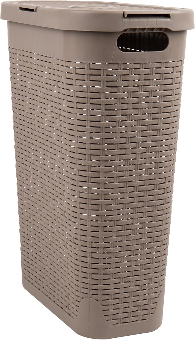 Mind Reader Slim Laundry Hamper with Lid, 40L Clothes Basket, Narrow Tapered Design with Ventilated Cutout Pattern, Plastic, Tan