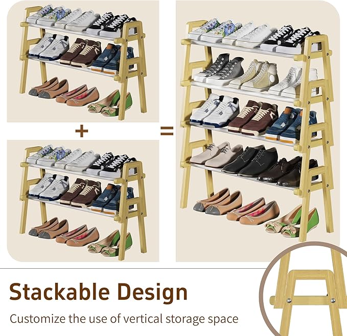 2-Tier Bamboo Shoe Rack Stackable, Shoe Organizer for Entryway and Closet, Modular Small Shoe Storage Shelf, Space-Saving Free Standing, Holds 8-10 Pairs of Shoes, Natural