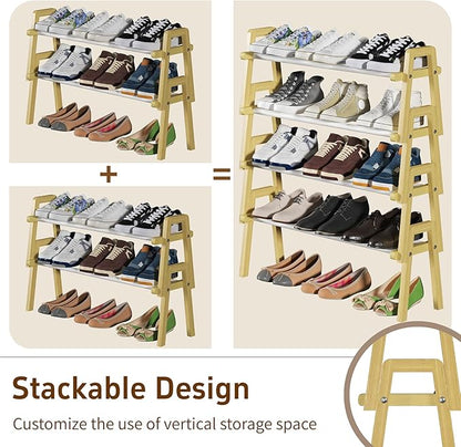 2-Tier Bamboo Shoe Rack Stackable, Shoe Organizer for Entryway and Closet, Modular Small Shoe Storage Shelf, Space-Saving Free Standing, Holds 8-10 Pairs of Shoes, Natural