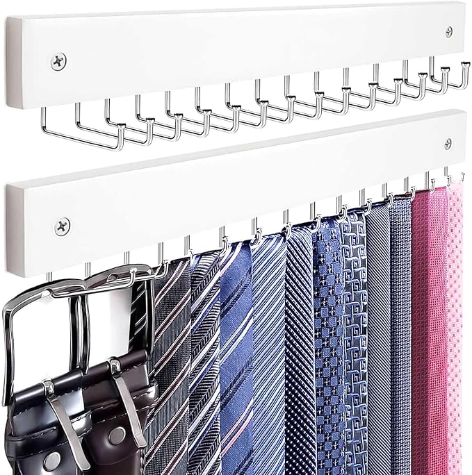 2Pack Tie Rack Wall Mounted, Wooden Tie Hanger Tie Organizer for Men with 28 Folding Hooks, Space Saving Tie Holder and Belt Rack for Closet, White