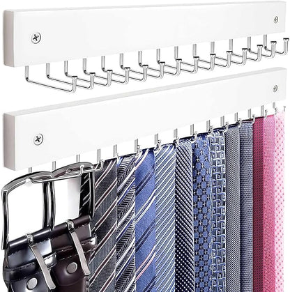 2Pack Tie Rack Wall Mounted, Wooden Tie Hanger Tie Organizer for Men with 28 Folding Hooks, Space Saving Tie Holder and Belt Rack for Closet, White