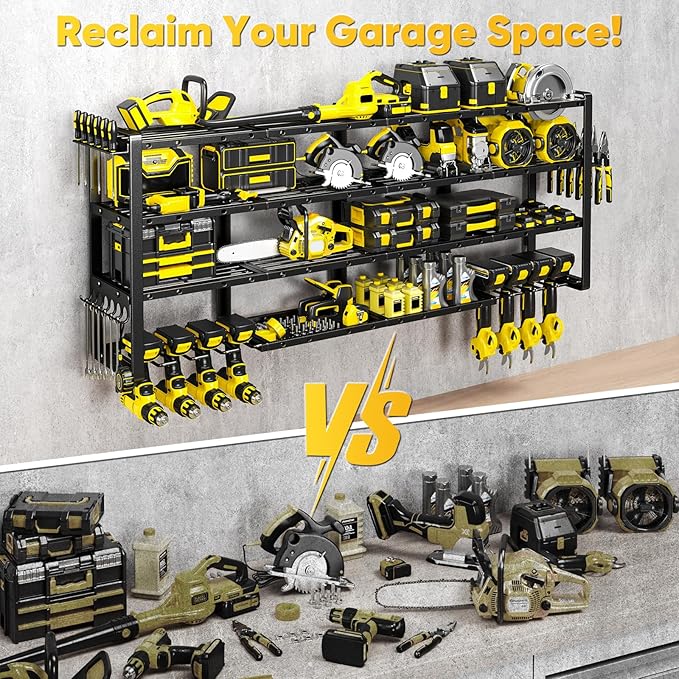 POKIPO Extra Large 64" W Power Tool Organizer Wall Mount, 1000 lbs Load Capacity, Heavy Duty 4 Tier Garage Storage Rack with 8 Drill Holders, 2 in 1 Corner or Straight Installation