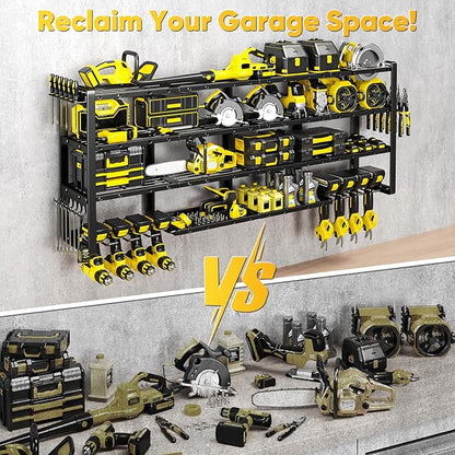POKIPO Extra Large 64" W Power Tool Organizer Wall Mount, 1000 lbs Load Capacity, Heavy Duty 4 Tier Garage Storage Rack with 8 Drill Holders, 2 in 1 Corner or Straight Installation