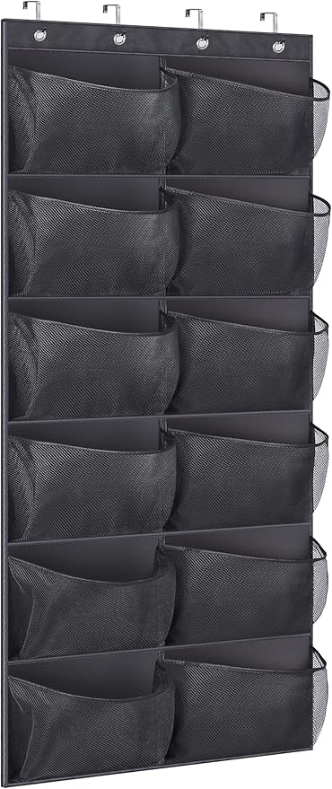KIMBORA Boots Hanging Shoe Organizer for Closet 12 Extra Large Mesh Pockets Over The Door Shoe Rack for Men Shoes Size 16, Black