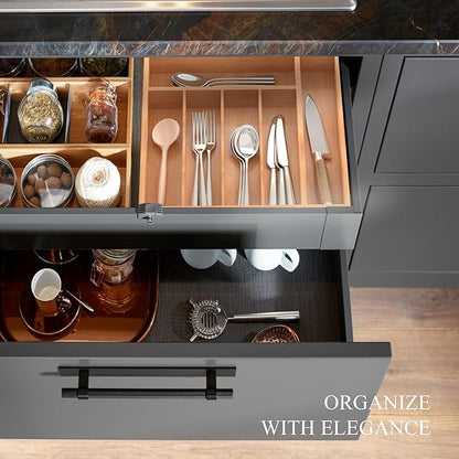 Bamboo Silverware Organizer, Kitchen Drawer Organizer, Utensil Holder, Cutlery Tray & Spoon Flatware Storage with Grooved Drawer Dividers (12.5''W x 16.5''D)
