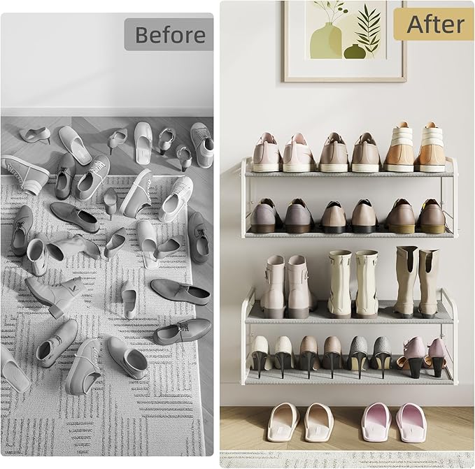 2 Pack Wall Mounted Shoe Rack, Carbon Steel Shoe Organizer with Removable Oxford Cloth, Non-Slip Space-Saving for Entryway Closet Bedroom, White