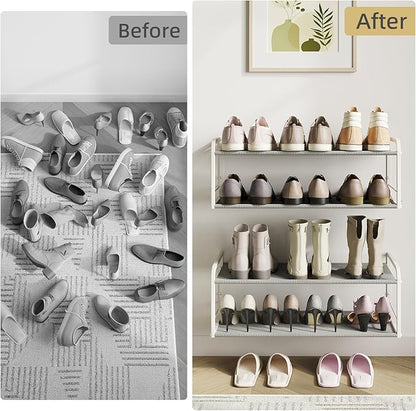 2 Pack Wall Mounted Shoe Rack, Carbon Steel Shoe Organizer with Removable Oxford Cloth, Non-Slip Space-Saving for Entryway Closet Bedroom, White
