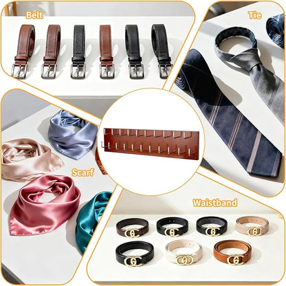 Belt Organizer Holder Wooden Belt Hanger for Closet Wall Mount Belt Storage Rack Tie Bra Scarf Hanger Holds Over 40 Large Belts (Brown)