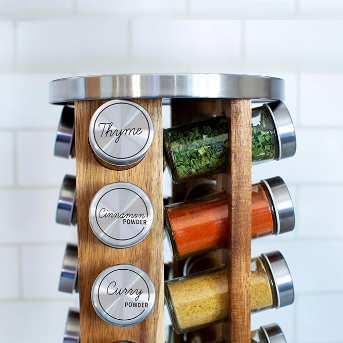 Orii 20 Jar Rotating Light Acacia Wood Spice Rack with Spices Included & 5-Year Spice Refill Program – Natural Wood Countertop Spice Rack with Glass Jars