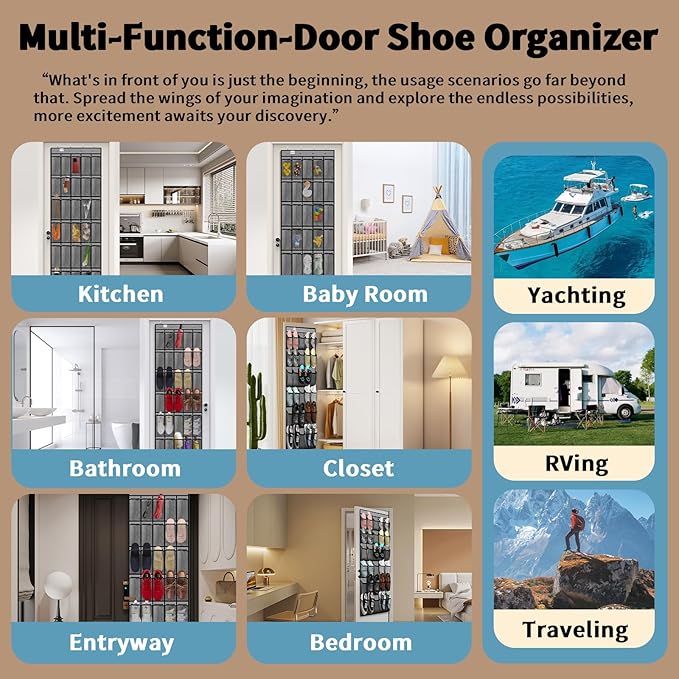 PAULONE Over the Door Organizer with 30 Large Pockets, 3 Sizes of Closet Hangers, Holds up to 69 lbs, Hanging Organizer with Clear Window for Children's Toys, Shoes, Diapers (Gray)