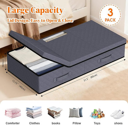 StoreHappily Under Bed Storage Containers with Lids - 3 Pack, Foldable and Stackable Clothes Storage Bags with Clear Window, 3-Sided Handles and Label Slot for Clothing, Blankets, Pillows (Grey)