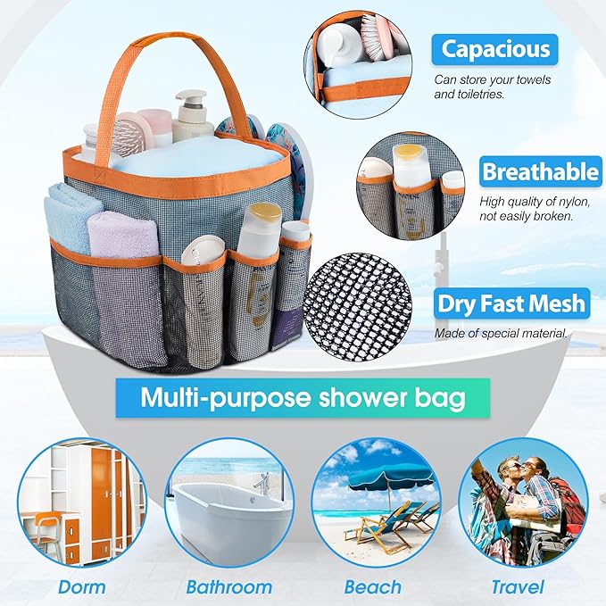 Attmu Mesh Shower Caddy Portable for College Dorm Room Camping Essentials, Shower Caddy Dorm with 9-Pockets, Large Capacity Hanging Basket Bathroom Bag for Toiletry, Swimming, Gym, Camp, Beach