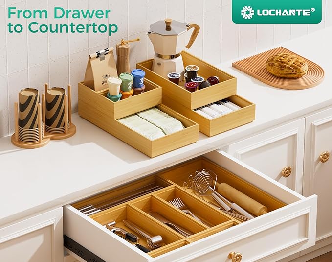 Bamboo Kitchen Drawer Organizer Boxes – 9" x 6" Stackable Wood Silverware Utensil Tray for Drawers Bins, Cutlery & Flatware Storage – Wooden Organizers Set of 2 for Junk Drawer, Bathroom, RV