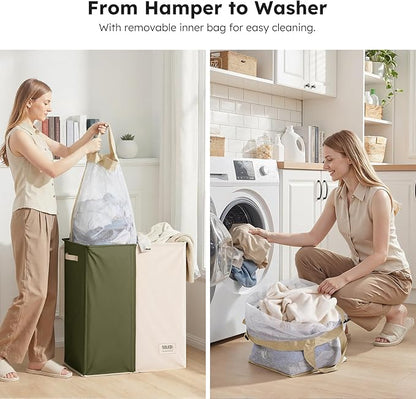 SOLEDI Large Double Laundry Hamper with Lid, Collapsible Clothes Hamper 2 section with Removable Bags, Space-Saving Laundry Basket for Bedroom, Dorm, College