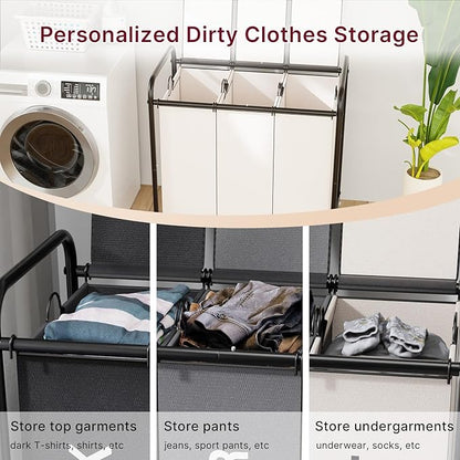 180L Laundry Sorter 3 Section – Heavy Duty Rolling Laundry Basket with Lockable Wheels and Lid, 3 Large Separate Removable Bags, Laundry Hamper Cart for Laundry Room Organizer (White)
