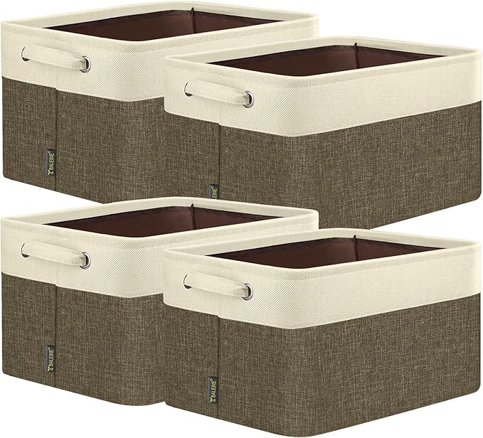 BALEINE 4 Pack Fabric Closet Storage Bins for Shelves, Linen Closet Organizers and Storage, Decorative Baskets for Organizing, Shelf, Clothes, Home, Office (Brown, 17''x13''x10.5'')