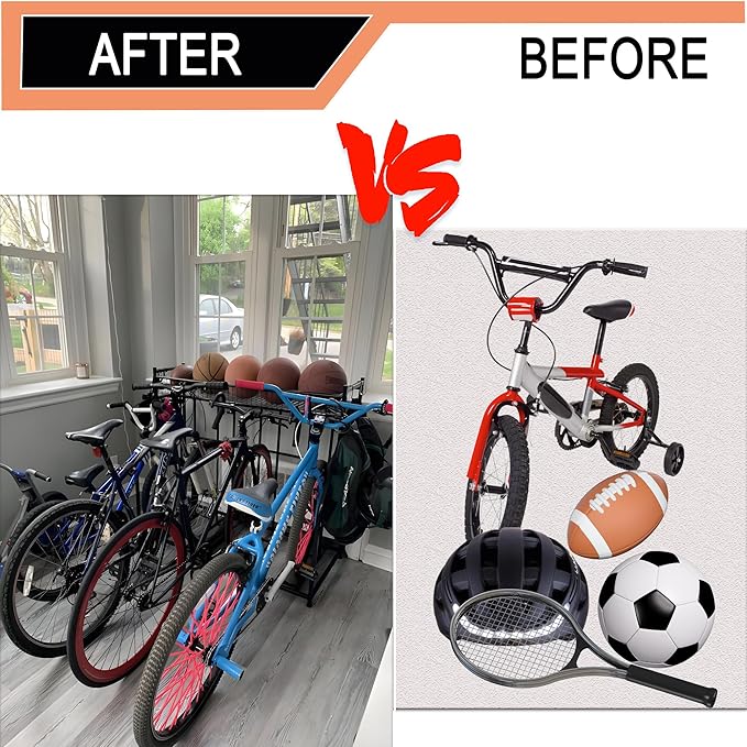 4 Bike Rack Garage,4 Bike Stand for Garage,4 Bike Storage Rack,With storage basket adjustable hooks black metal bike stand floor for most 3"- 4" tyres bikes (4 Grids)