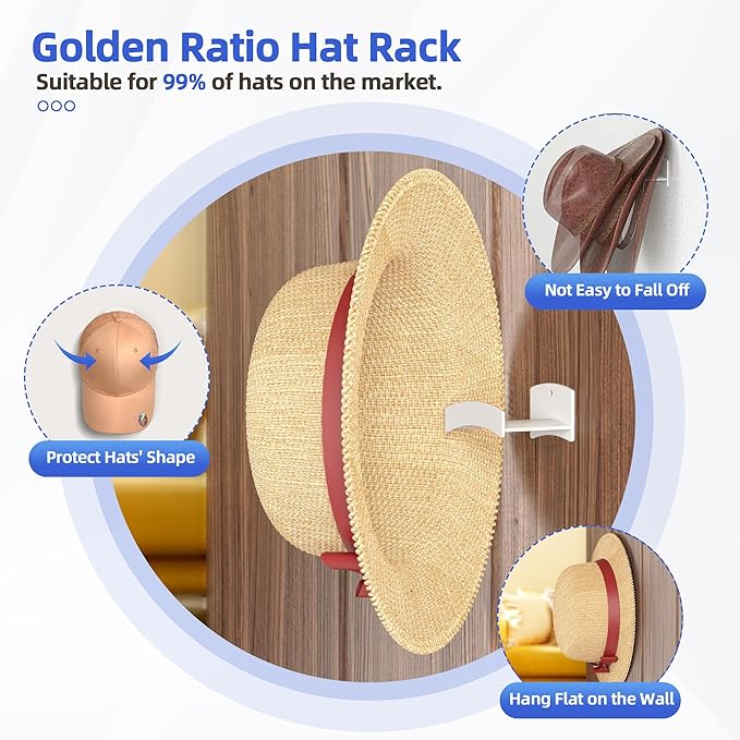 Cowboy Hat Rack(12Pack) - Wide Brimmed Organizer - Strong Adhesive Cowboy Holder - 2.2Inch Hooks for Walls - 2 Mounting Option Holder - Hangers for Doors and Closets - White