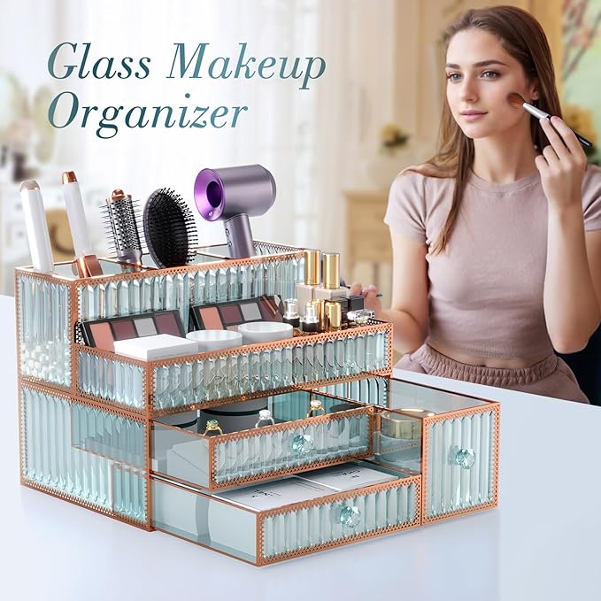 Youdepot Makeup Organizer Countertop - Tempered Glass Vanity Organizer for Cosmetics, Skincare, Hair Tools, Brushes, Perfume - Multipurpose Bathroom Counter Skincare Organizer