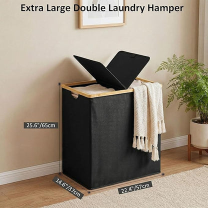 efluky Laundry Hamper with Lid, Double Laundry Basket with 2 Removable Bags, 2 Section Laundry Bin with Bamboo Handles for Bathroom, Bedroom & Laundry Room, 140L (36.9 Gallon) Black
