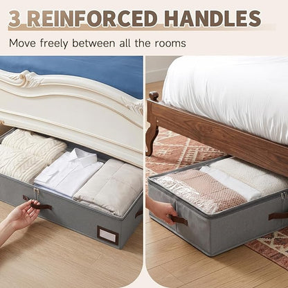 OIAHOMY 2 Pack Under Bed Storage with 4 Compression Bags, Underbed Organizers for Bedroom & Closet, Fits Beds Higher than 5.9", Space-Saving for Seasonal Clothes, Blankets & Shoes - Grey