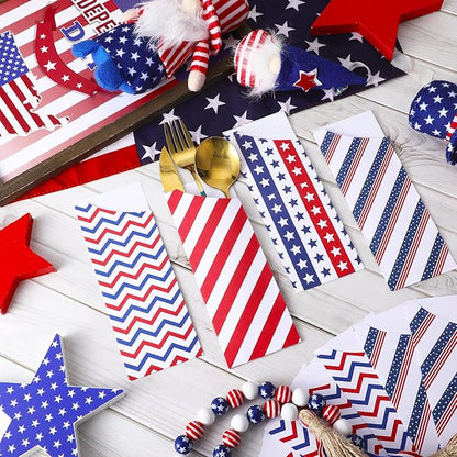 Roowest 100 Pcs 4th of July Silverware Bags Bulk Independence Day Party Supplies Disposable American Flag Paper Utensil Bags for Patriotic Party Home Wedding Party Table Decorations