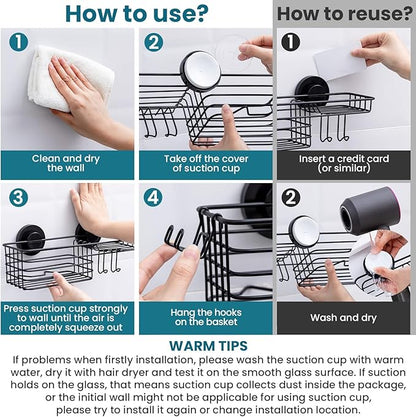 TAILI Shower Caddy Suction Cup with Hooks and Soap holder, Heavy Duty Bathroom Shower Organizer, No Drilling Bathroom Holder with Large Capacity, Metal Black Storage Basket
