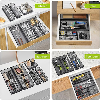 Neudeco Drawer Organizer - 5 Pack Metal Mesh Silverware Tray with Interlocking Design, 5 Compartment Cutlery Organizer for Kitchen Utensils, Black (15x6.2x2 inches)