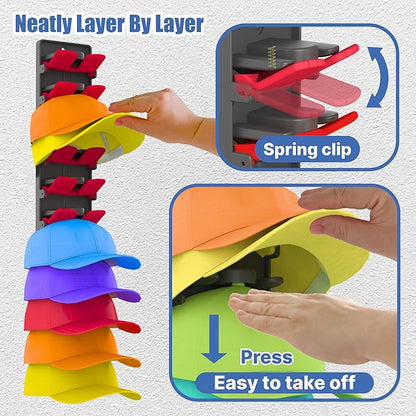 Hat Organizer for Baseball Caps 2 Packs with Built Spring Clips - Wall Mount Closet Hat Rack Holder, Storage for Wall Door/Closet Display Hat Racks Hanger (Install by Adhesive & Screws)