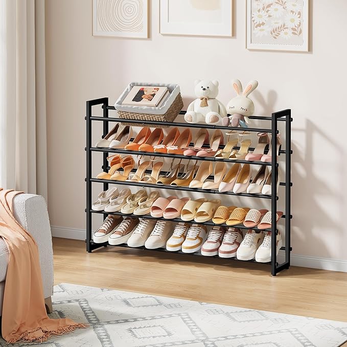 FAVOOSTY 5-Tier Expandable Shoe Rack, Adjustable Shoe Shelf Storage Organizer Space Saving Metal Free Standing Shoe Rack for Entryway Closet Doorway, Silver Grey (Black, 5 Tier)