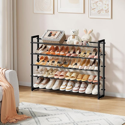 FAVOOSTY 5-Tier Expandable Shoe Rack, Adjustable Shoe Shelf Storage Organizer Space Saving Metal Free Standing Shoe Rack for Entryway Closet Doorway, Silver Grey (Black, 5 Tier)