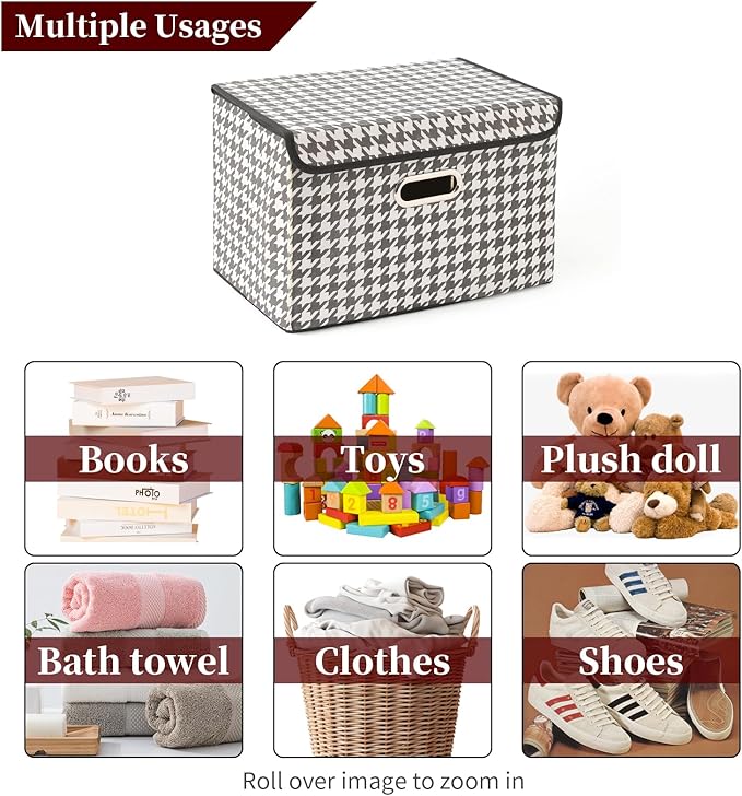 STOREONE Fabric Storage Cube Bins Foldable Organizer Container Collapsible Basket with Lids and Metal Handles, for Home, Bedroom, Closet 3 Pcs (Houndstooth)
