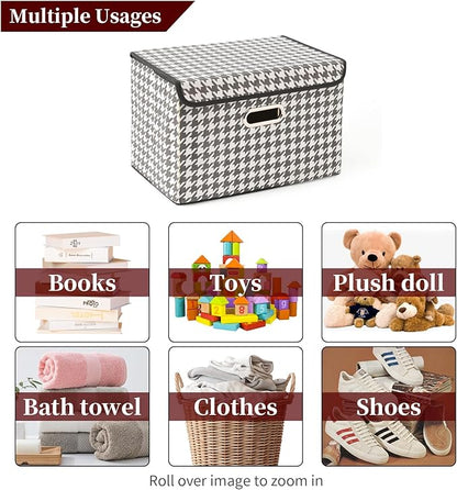 STOREONE Fabric Storage Cube Bins Foldable Organizer Container Collapsible Basket with Lids and Metal Handles, for Home, Bedroom, Closet 3 Pcs (Houndstooth)