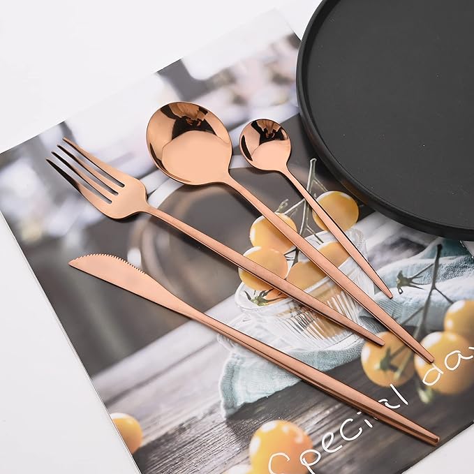 24 Piece Hanging Flatware Set, Stainless Steel Family Kitchen Utensil Set with Rack, Cutlery set for 6 with Holder, Silverware Sets with Holder, Hanging flatware set, Mirror Finish(Copper)