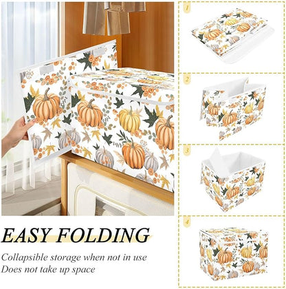senya Thanksgiving Storage Baskets Collapsible Storage Bins with Lids, Pumpkins Flowers Leaves Thanksgiving Storage Boxes Clothes Baskets for Organizing