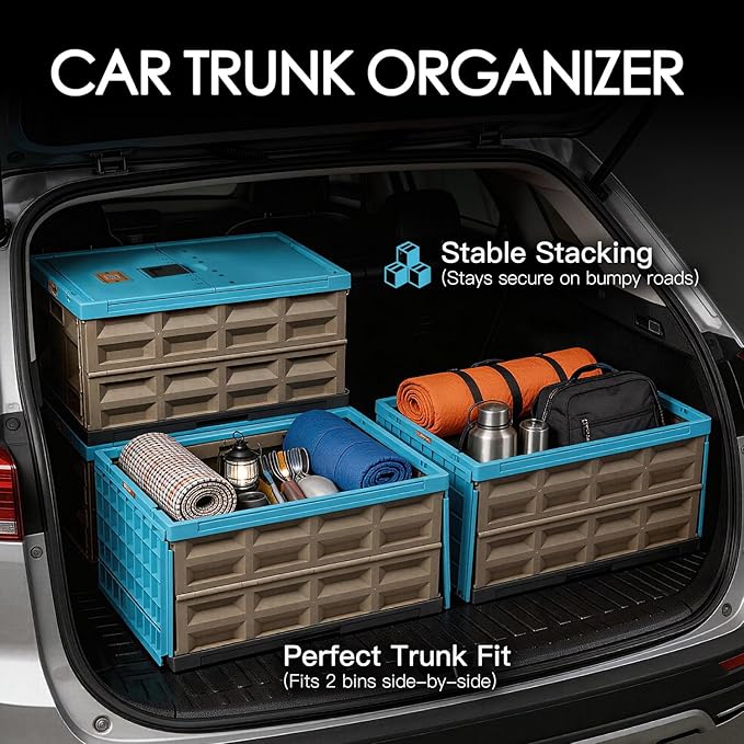 2 Pack Heavy Duty Storage Bins with Lids Attached, 12 Gallon Collapsible and Stackable Plastic Containers - 400 LBS Stacking Strength for Garage, RV, Moving (Blue -45L - Pack of 2)