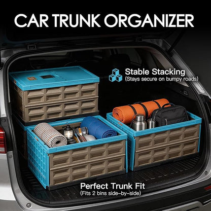 2 Pack Heavy Duty Storage Bins with Lids Attached, 12 Gallon Collapsible and Stackable Plastic Containers - 400 LBS Stacking Strength for Garage, RV, Moving (Blue -45L - Pack of 2)