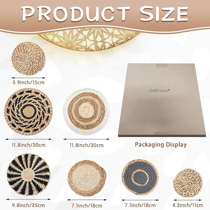 CroBlissful 7 Pcs Boho Wall Basket Decor Hanging Handcrafted Seagrass Woven Round Bohemian Basket Wall Decoration Art for Farmhouse Home Room Rustic Decorations Table, Multi Sizes(Classic)