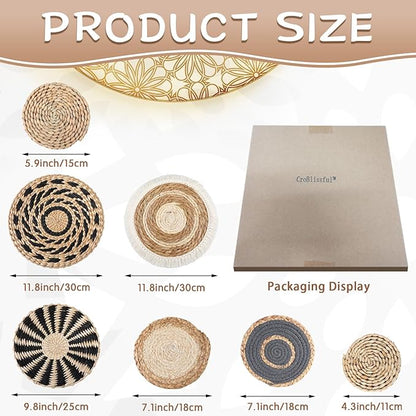 CroBlissful 7 Pcs Boho Wall Basket Decor Hanging Handcrafted Seagrass Woven Round Bohemian Basket Wall Decoration Art for Farmhouse Home Room Rustic Decorations Table, Multi Sizes(Classic)