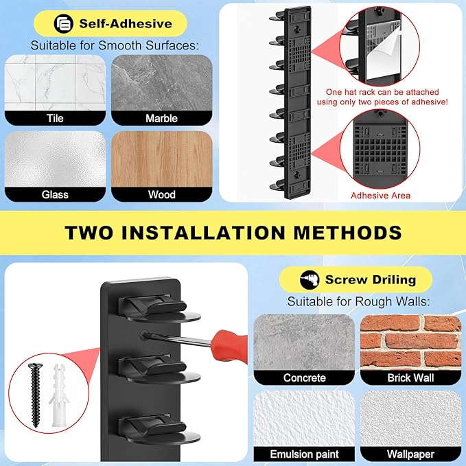 2 Pack MultiLayer Hat Organizer for Baseball Caps, Holds 16 Hats, Hat Hook for Wall, Dual Mount (Adhesive/Screws), Space Saving Cap Organizer for Walls & Doors