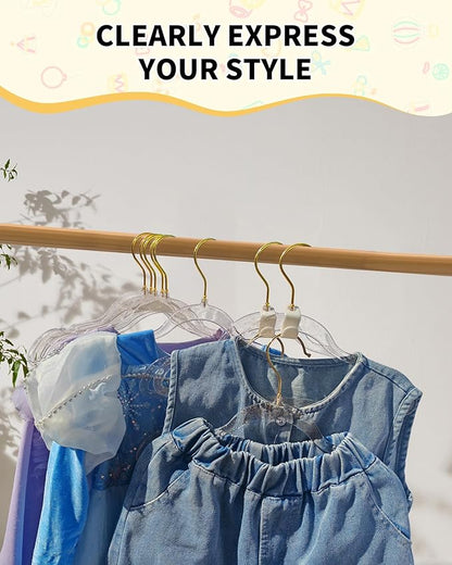 HGYZE Toddler Hangers for Kids Clothes Closet, 50pcs Slim Baby Hangers with 10 Connector Hooks for Infant Coat, Perchas de Plástico for Boy Nursery (Clear Sparkling Hangar with Gold Glitter)