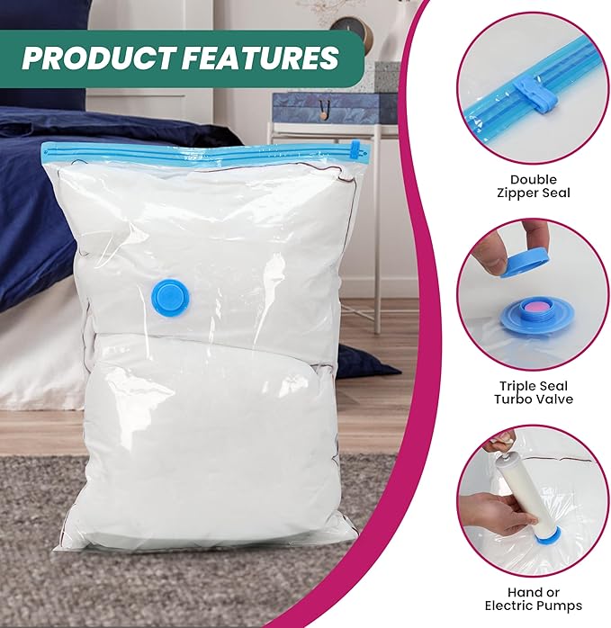 HealSmart Vacuum Storage Bags - 30 Pack Space Saver, Vacuum Sealed for Clothes, Comforters, Blankets, Pillows - Hand Pump Included (5 Jumbo/5 L/5 M/5 S/5 Roll M/5 Roll S)