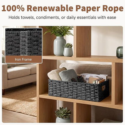 StorageWorks Small Wicker Toilet Basket Tank Topper with Built-in Handles, Toilet Paper Baskets for Back of Tank, Paper Rope Bathroom Basket Organizer and Storage for Rustic Bathroom Decor, Black