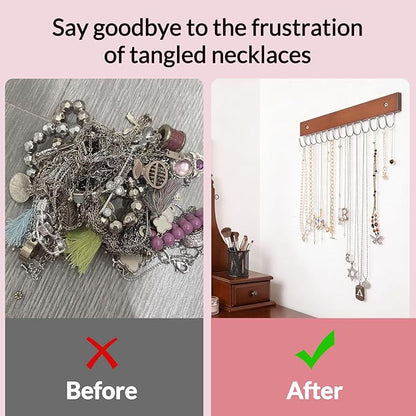 SCUNDA Hanging Jewerly Organizer for Wall, Wall Mounted Necklace Holder, Wood Wall Mount Jewerly Organizer for Earrings Bar, Hanging Rings, Necklaces and Bracelet, Nice Gift for Woman (2pack,Brown)