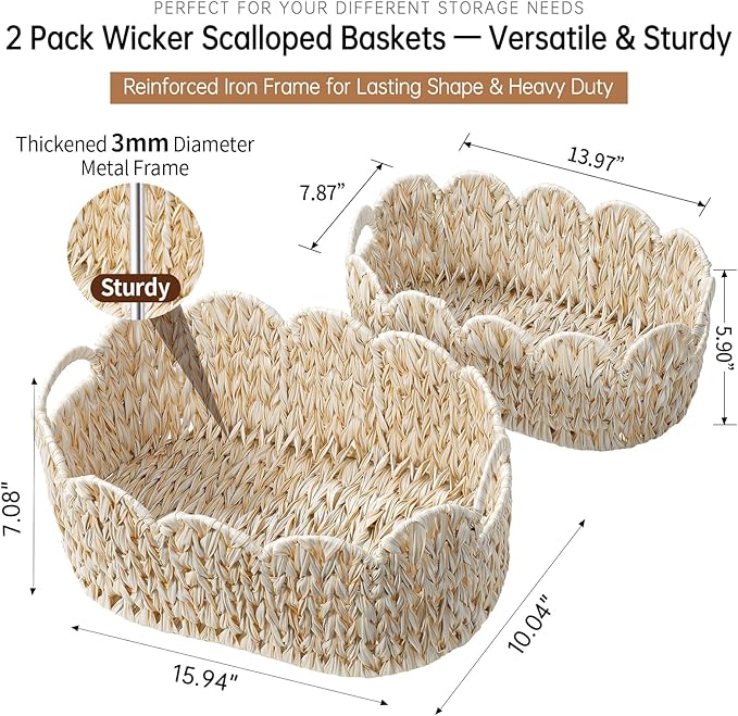 Coeusy Wicker Scalloped Basket Set of 2,Woven Storage Baskets for Shelves,Closet,Laundry,Gifts,Towels,Books,Toys,Waterproof Boho Decor Basket for Organizing
